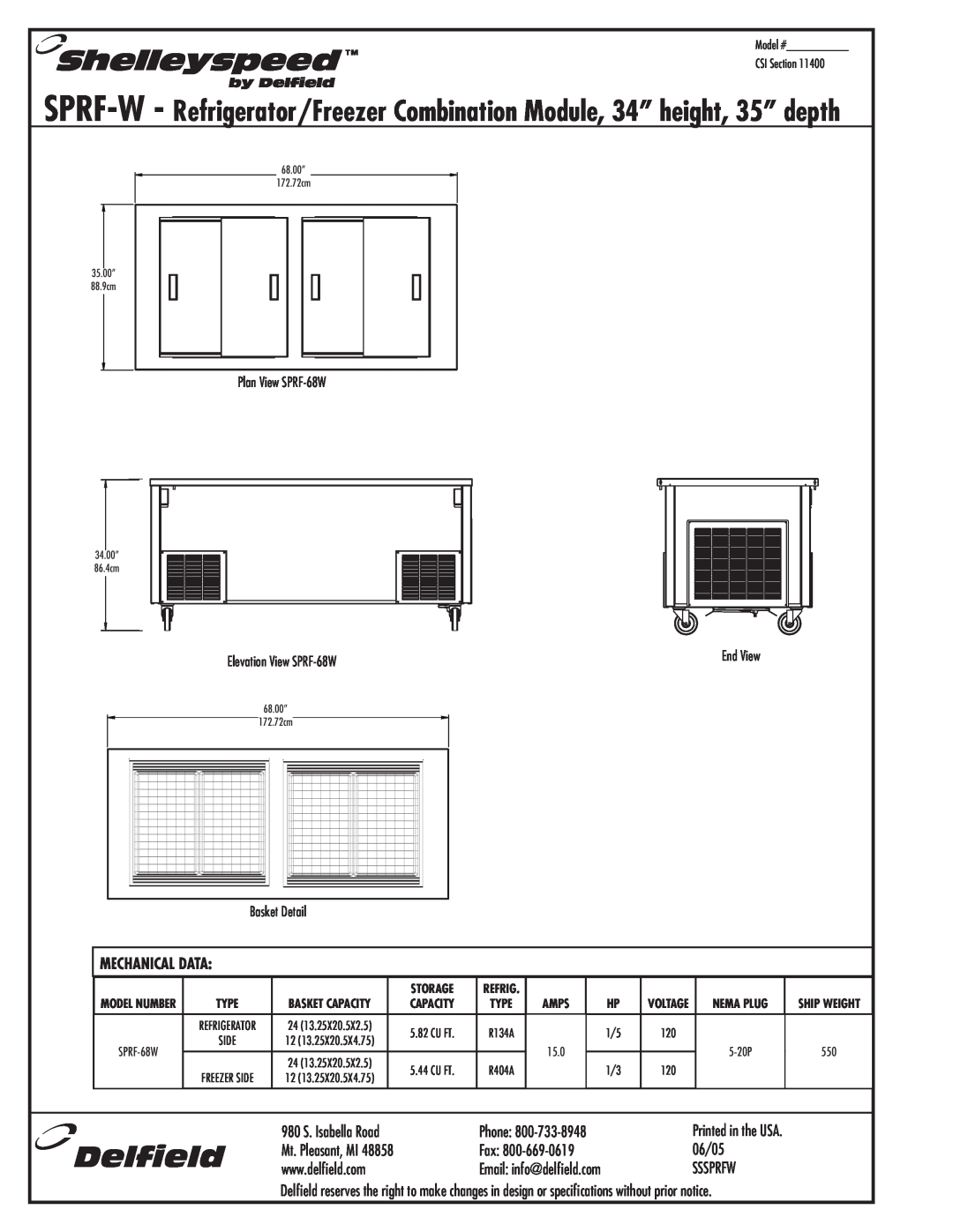 Delfield Mechanical Data, 06/05, Sssprfw, Plan View SPRF-68W, Basket Detail, Storage, Basket Capacity, Phone, Fax, Amps 