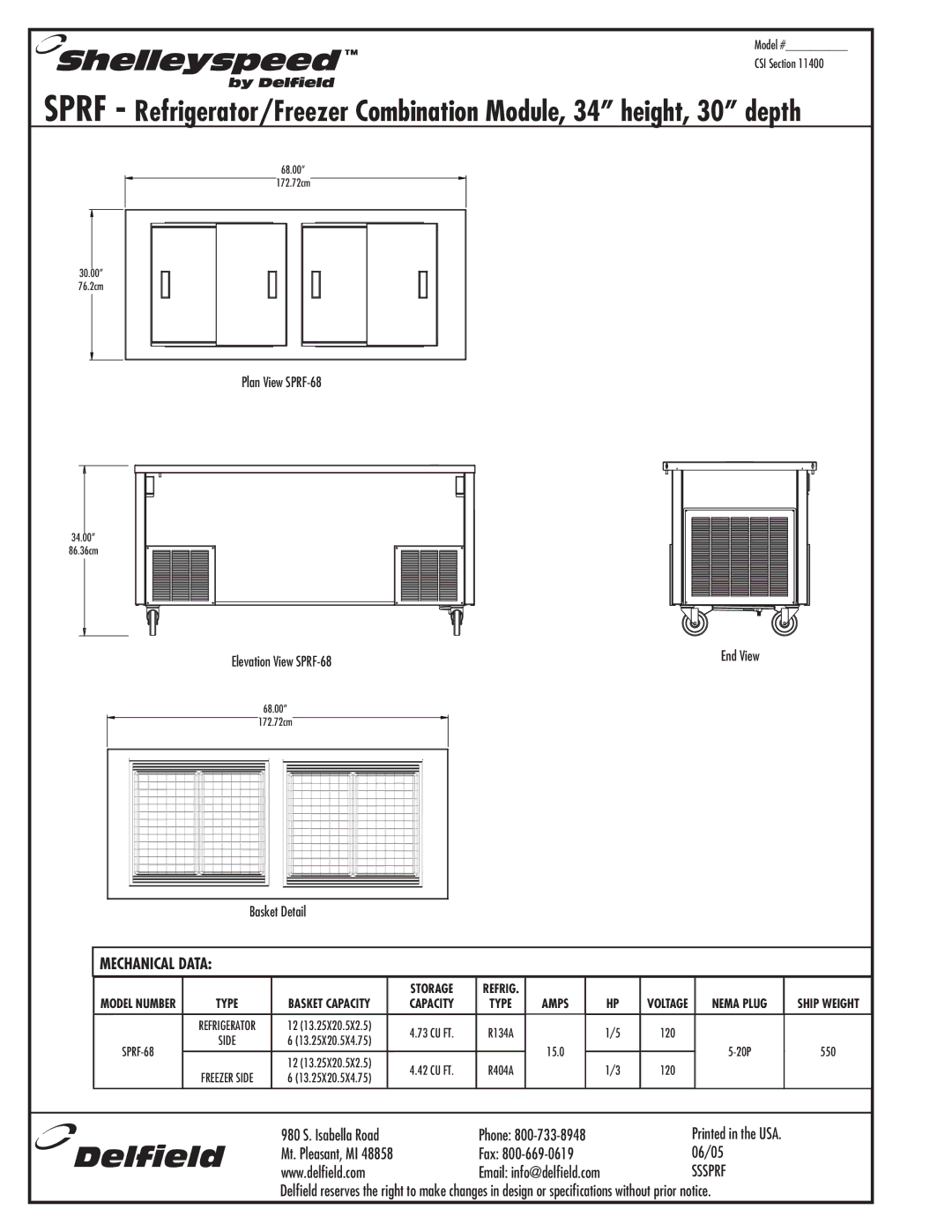 Delfield SPRF specifications Mechanical Data, Basket Capacity 