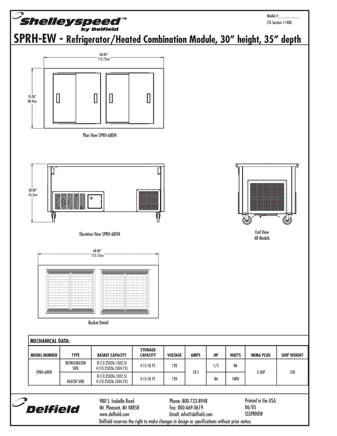 Delfield SPRH-EW manual Mechanical Data, Plan View SPRH-68EW, Elevation View SPRH-68EW, Basket Detail 