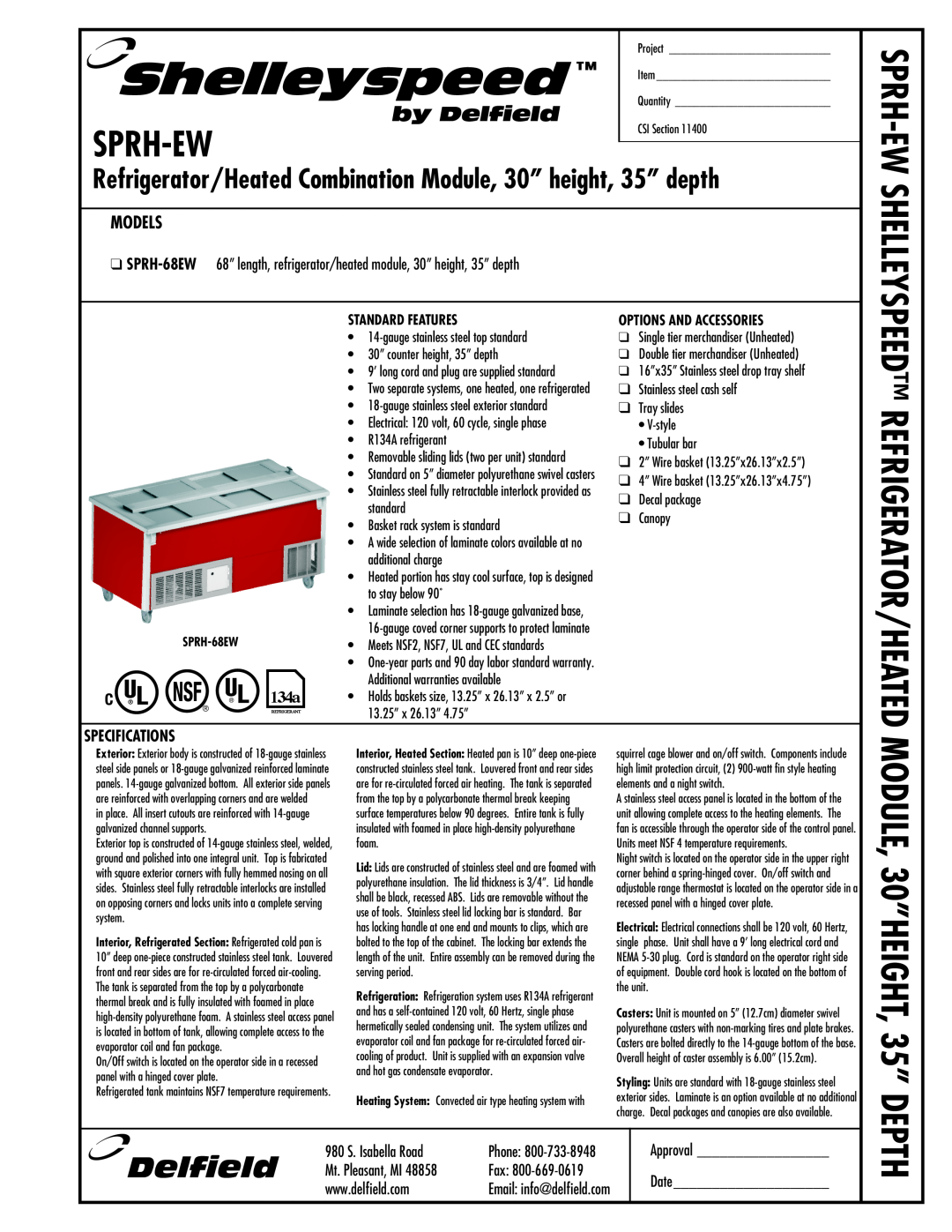 Delfield SPRH-EW manual Specifications, 980 S. Isabella Road, Phone, Mt. Pleasant, MI, Fax, Sprh-Ew, Refrigerator/Heated 