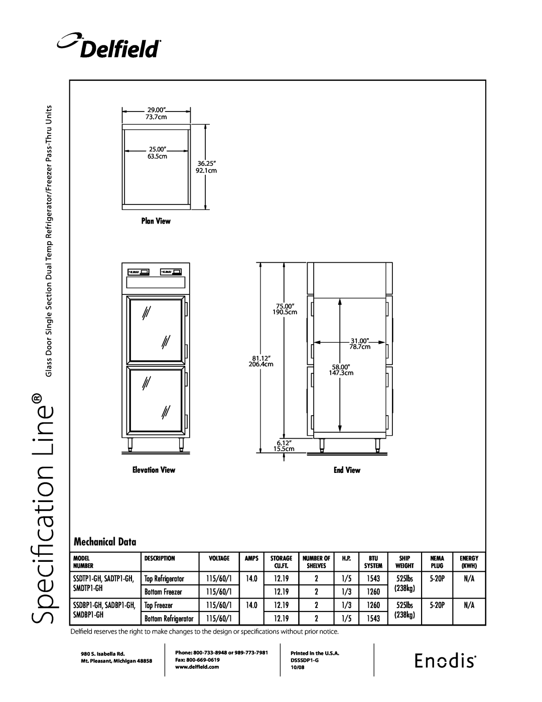 Delfield SMDTP1-GH, SSDBP1-GH, SSDTP1-GH Specification, Delfield, Mechanical Data, Plan View Elevation View, End View 