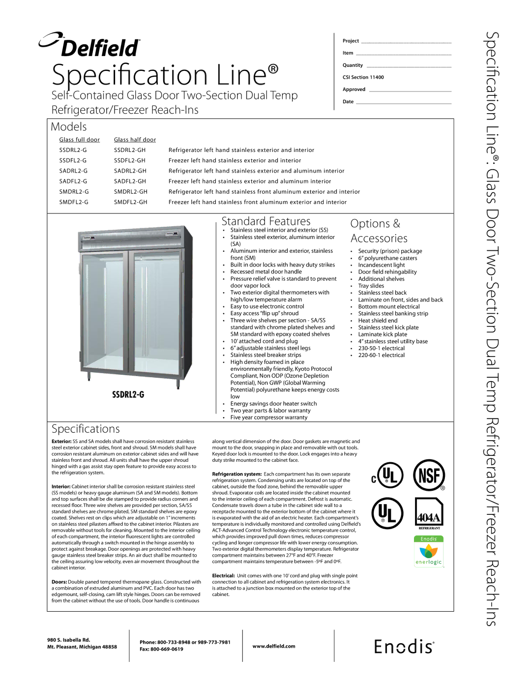 Delfield SSDFL2-G specifications Self-Contained Glass Door Two-Section Dual Temp, Refrigerator/Freezer Reach-Ins, Models 