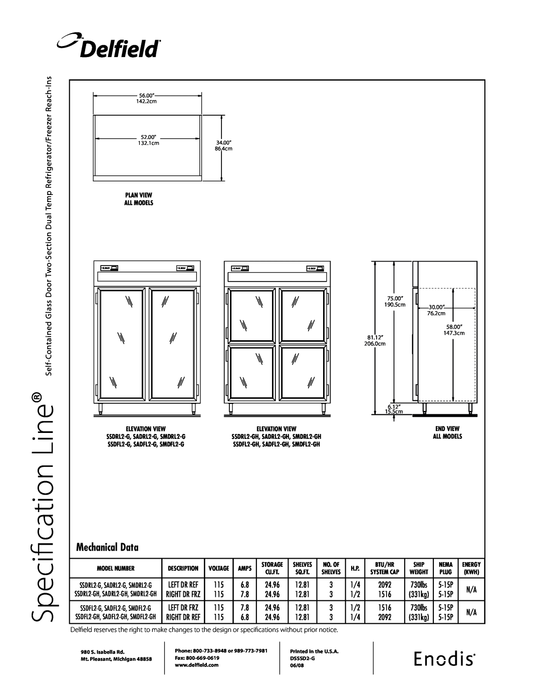 Delfield SSDRL2-G Specification, Delfield, Mechanical Data, Refrigerator/Freezer Reach-Ins, 730lbs, 5-15P, Elevation View 