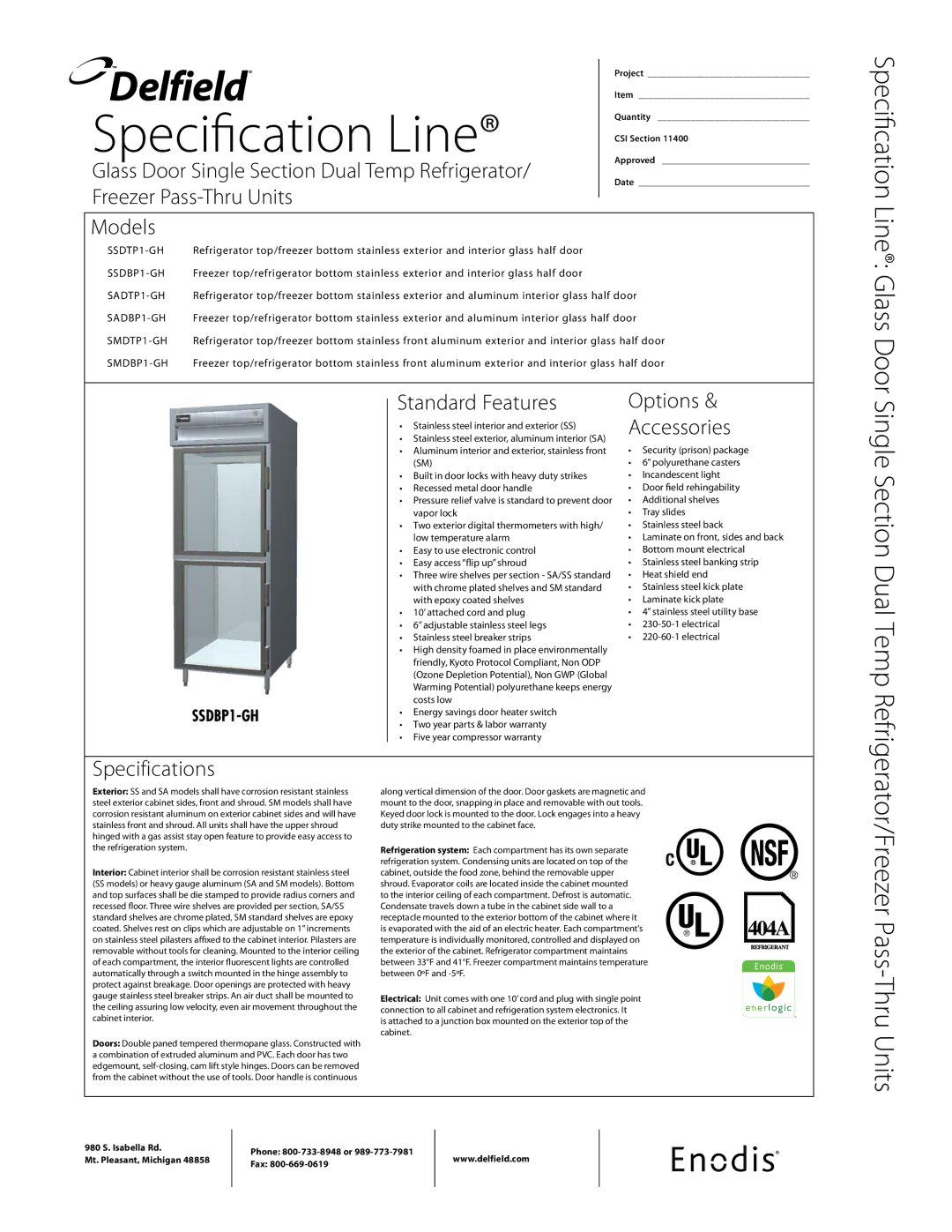 Delfield SSDP1-GH specifications Glass Door Single Section Dual Temp Refrigerator, Freezer Pass-Thru Units, Models 