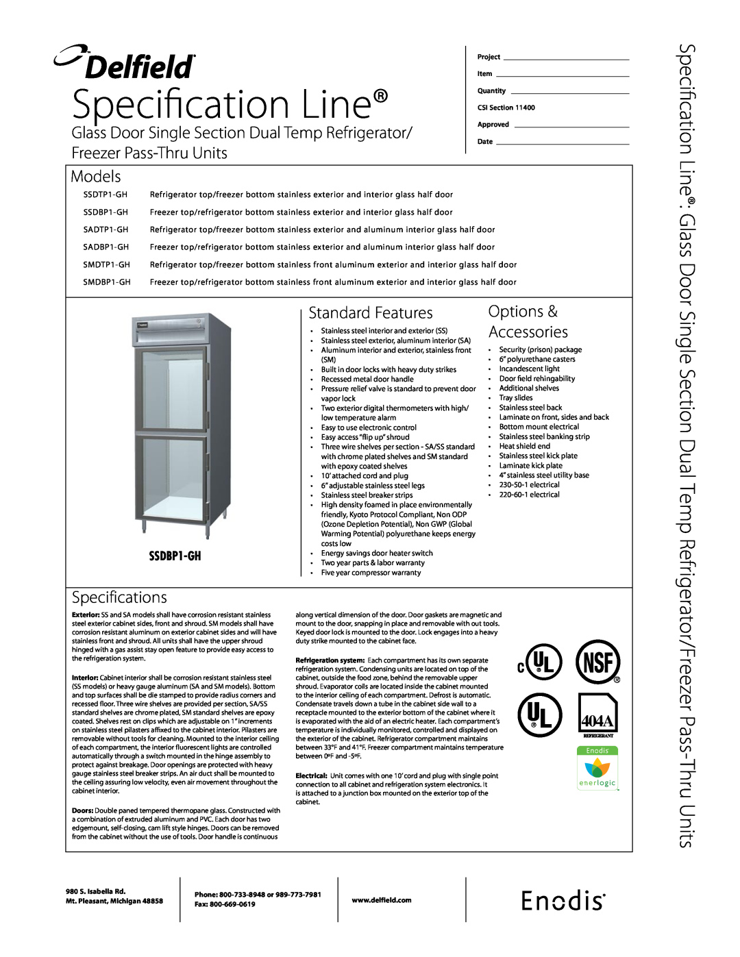 Delfield SSDP1-GH specifications Specification Line, Delfield, Glass Door Single Section Dual Temp Refrigerator, Models 