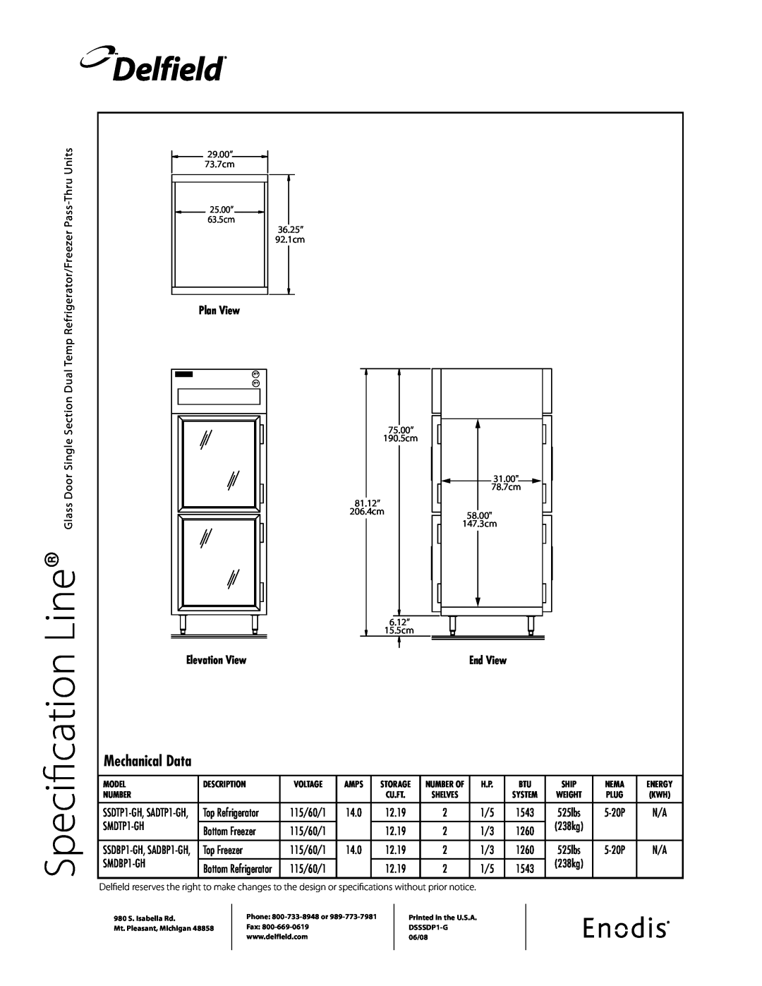 Delfield SSDP1-GH specifications Specification, Delfield, Mechanical Data, Plan View, Elevation View, End View 