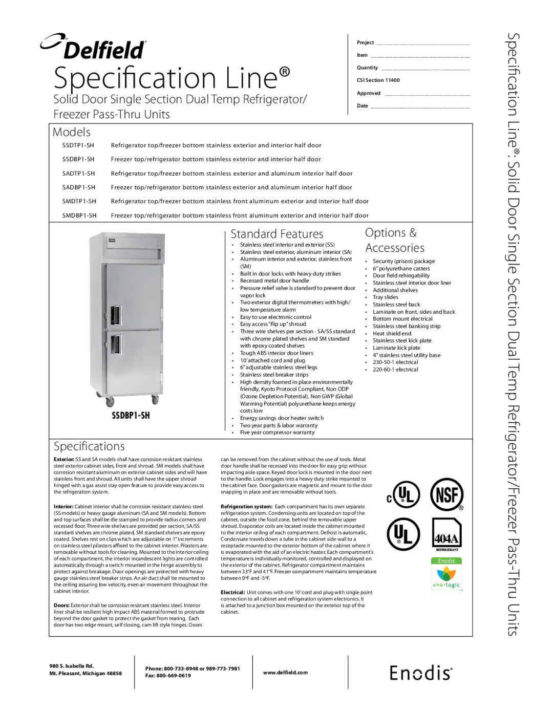 Delfield SSDP1-SH specifications Solid Door Single Section Dual Temp Refrigerator, Freezer Pass-Thru Units Models 