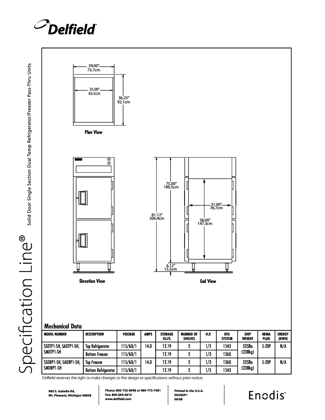 Delfield SSDP1-SH Specification, Delfield, Mechanical Data, Refrigerator/Freezer Pass-Thru Units, Plan View, End View 
