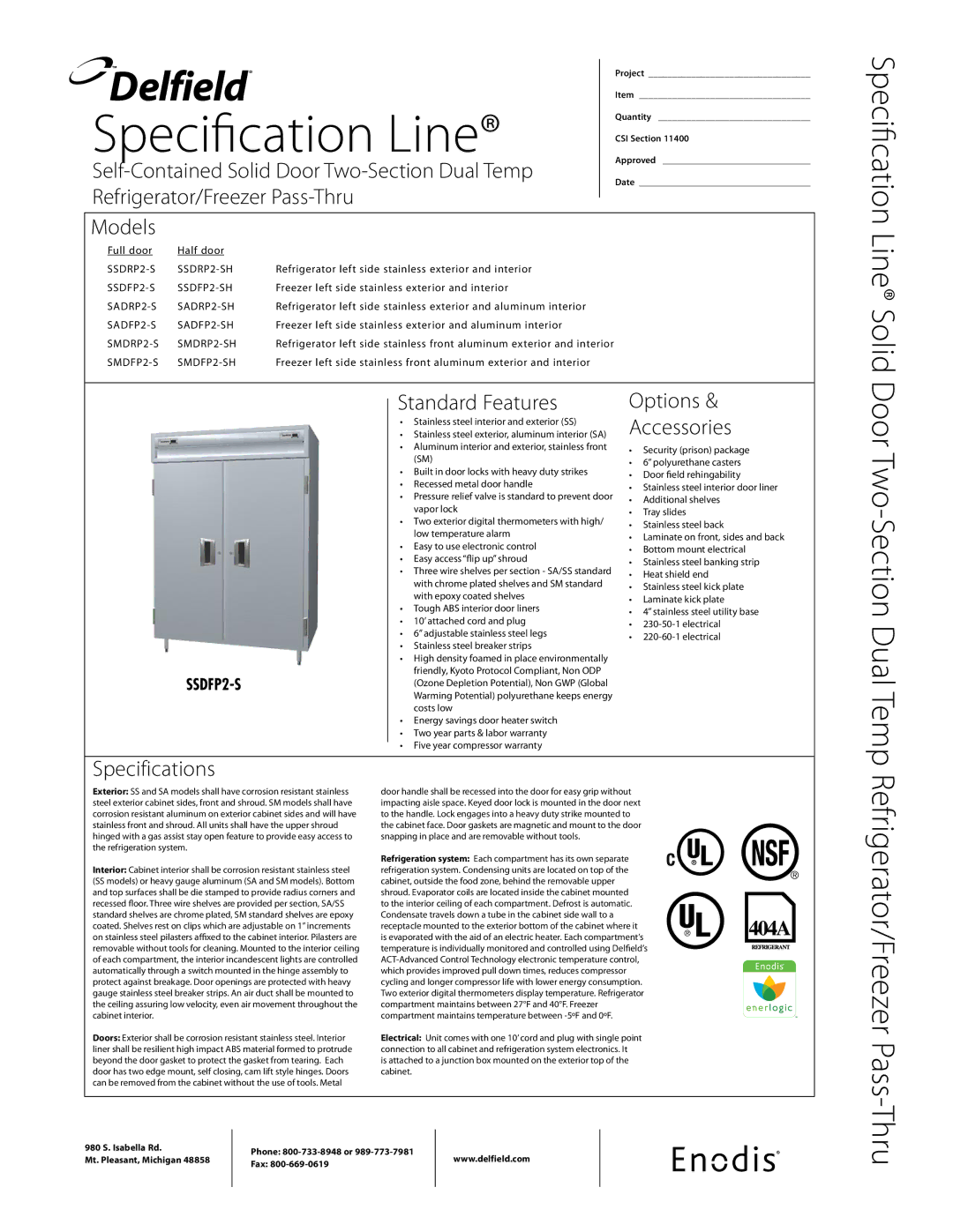 Delfield SSDP2-S specifications Models, Standard Features, Options Accessories, Specifications 