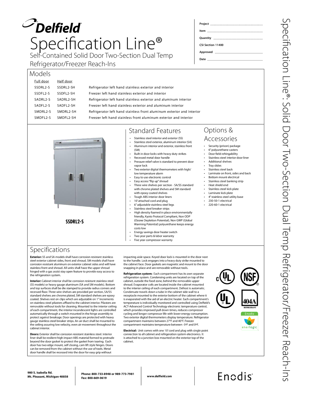 Delfield SSDRL2-S specifications Models, Specifications Standard Features, Options Accessories 