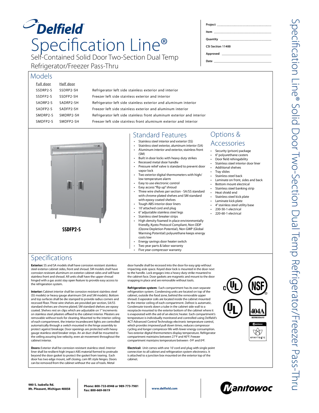 Delfield SSDRP2-SH, SSDFP2-SH, SMDRP2-S specifications Models, Standard Features, Options Accessories, Specifications 