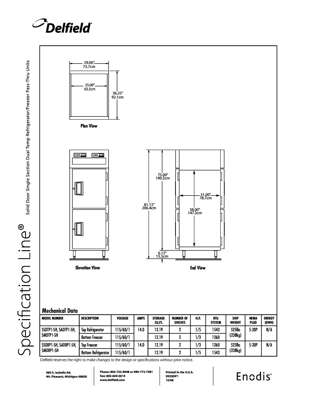 Delfield SMDTP1 Specification, Delfield, Mechanical Data, Refrigerator/Freezer Pass-Thru Units, Plan View Elevation View 
