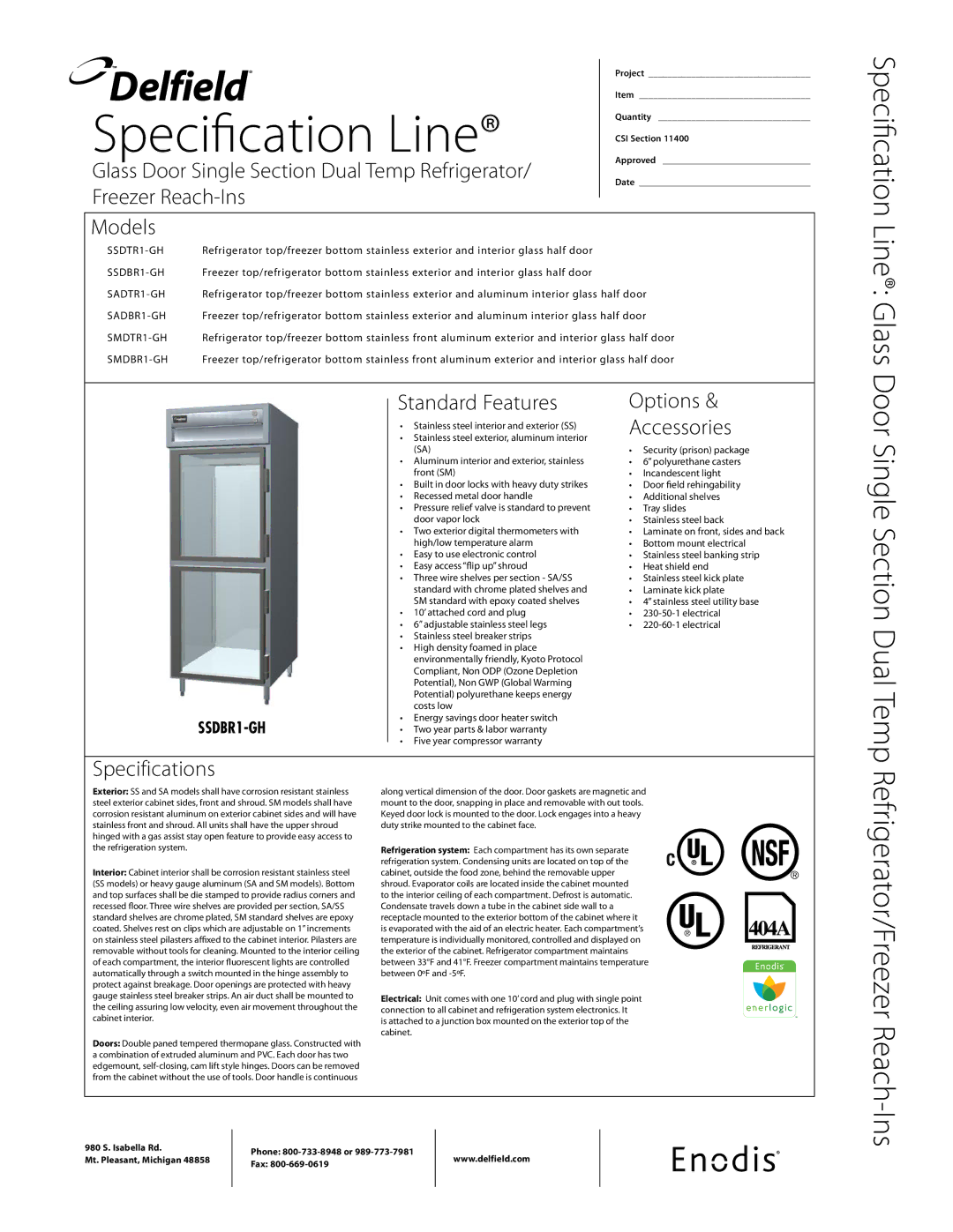 Delfield SSDBR1-GH, SSDTR1-GH specifications Glass Door Single Section Dual Temp Refrigerator, Freezer Reach-Ins Models 