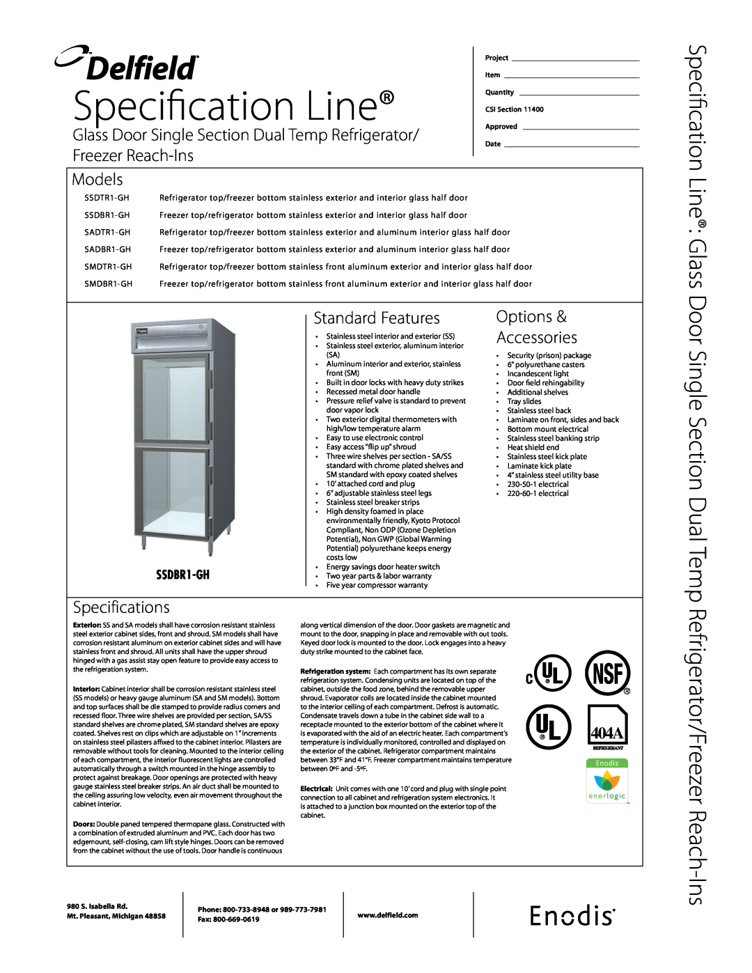 Delfield SSDBR1-GH specifications Specification Line, Delfield, Glass Door Single Section Dual Temp Refrigerator, Models 