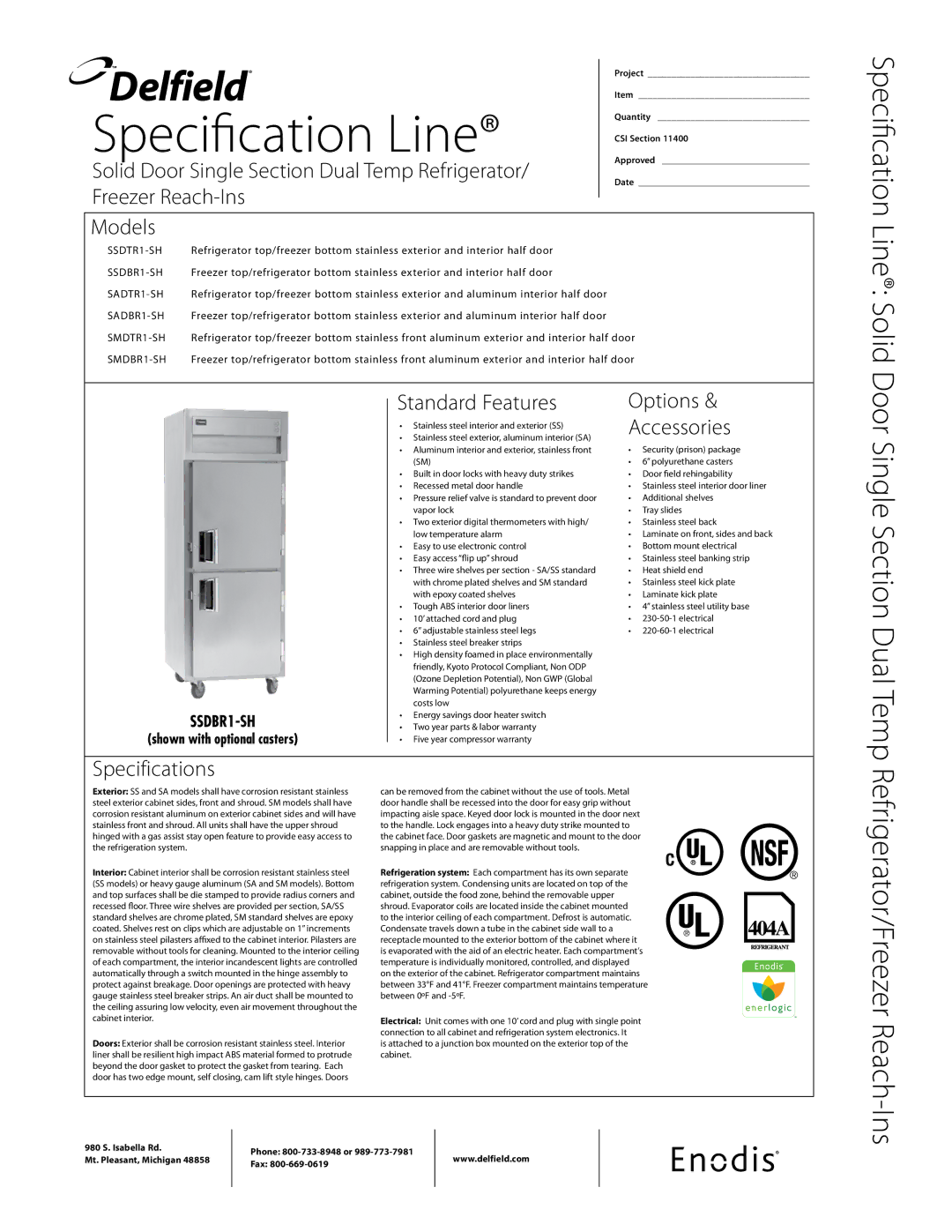 Delfield SSDBR1-SH, SSDTR1-SH specifications Solid Door Single Section Dual Temp Refrigerator, Freezer Reach-Ins Models 