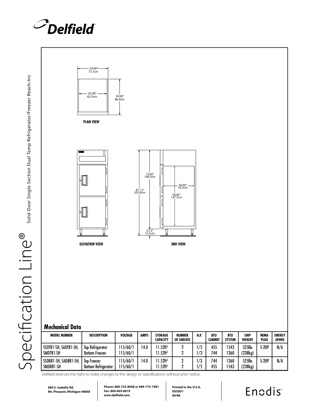 Delfield SMDTR1-SH, SSDTR1-SH, SSDBR1-SH, SADTR1-SH, SADBR1-SH specifications SMDBR1-SH 