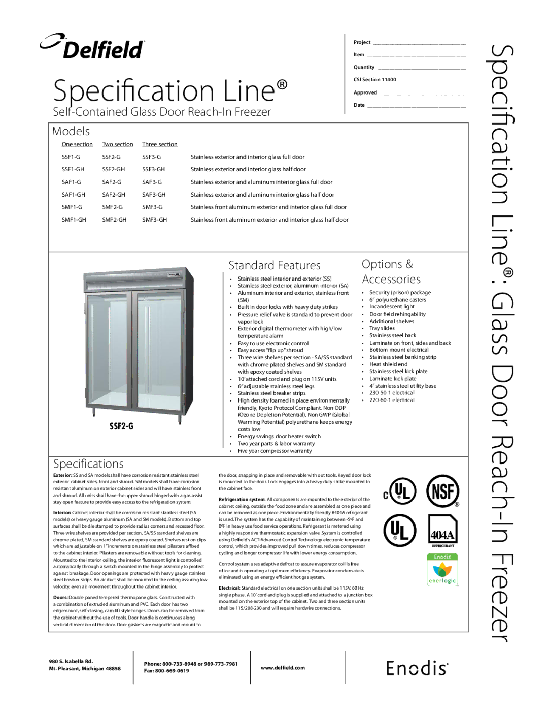 Delfield SSF-G specifications Self-Contained Glass Door Reach-In Freezer Models, Standard Features, Options Accessories 