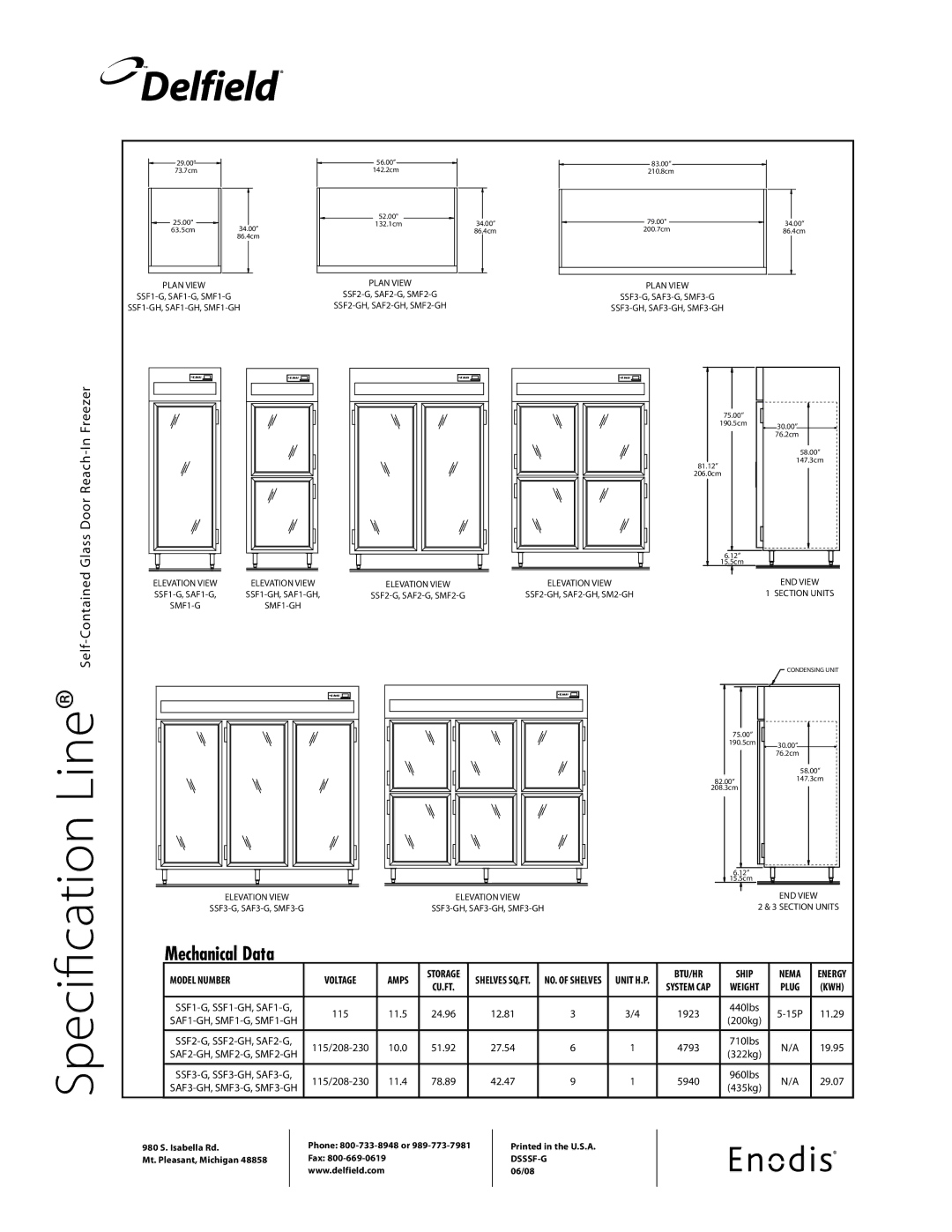 Delfield SSF-G specifications 11.5 24.96, 15P, 10.0 51.92, 11.4 78.89 