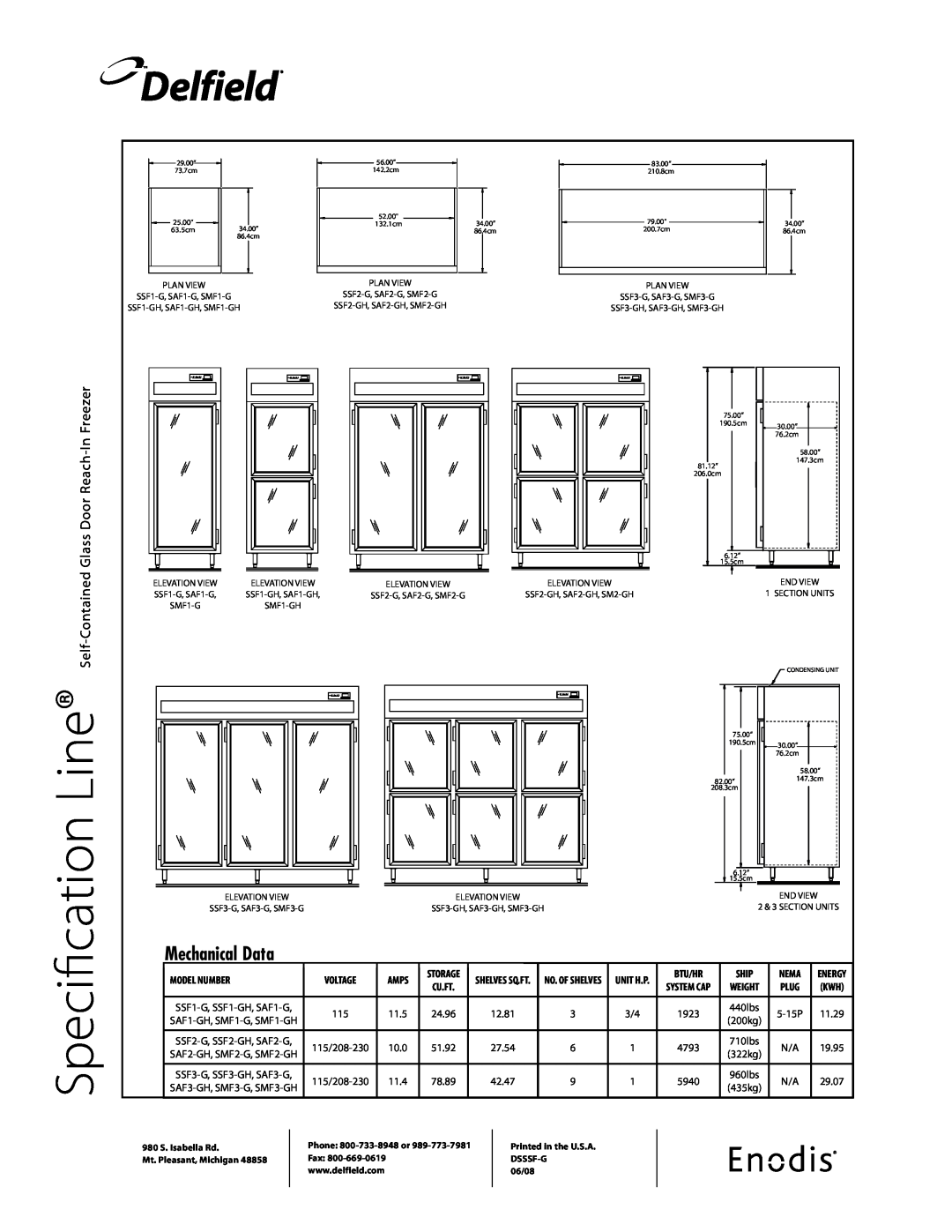 Delfield SSF-G Specification, Line, Delfield, Mechanical Data, Freezer, Self-Contained, Door Reach, Glass, Amps, Ship 