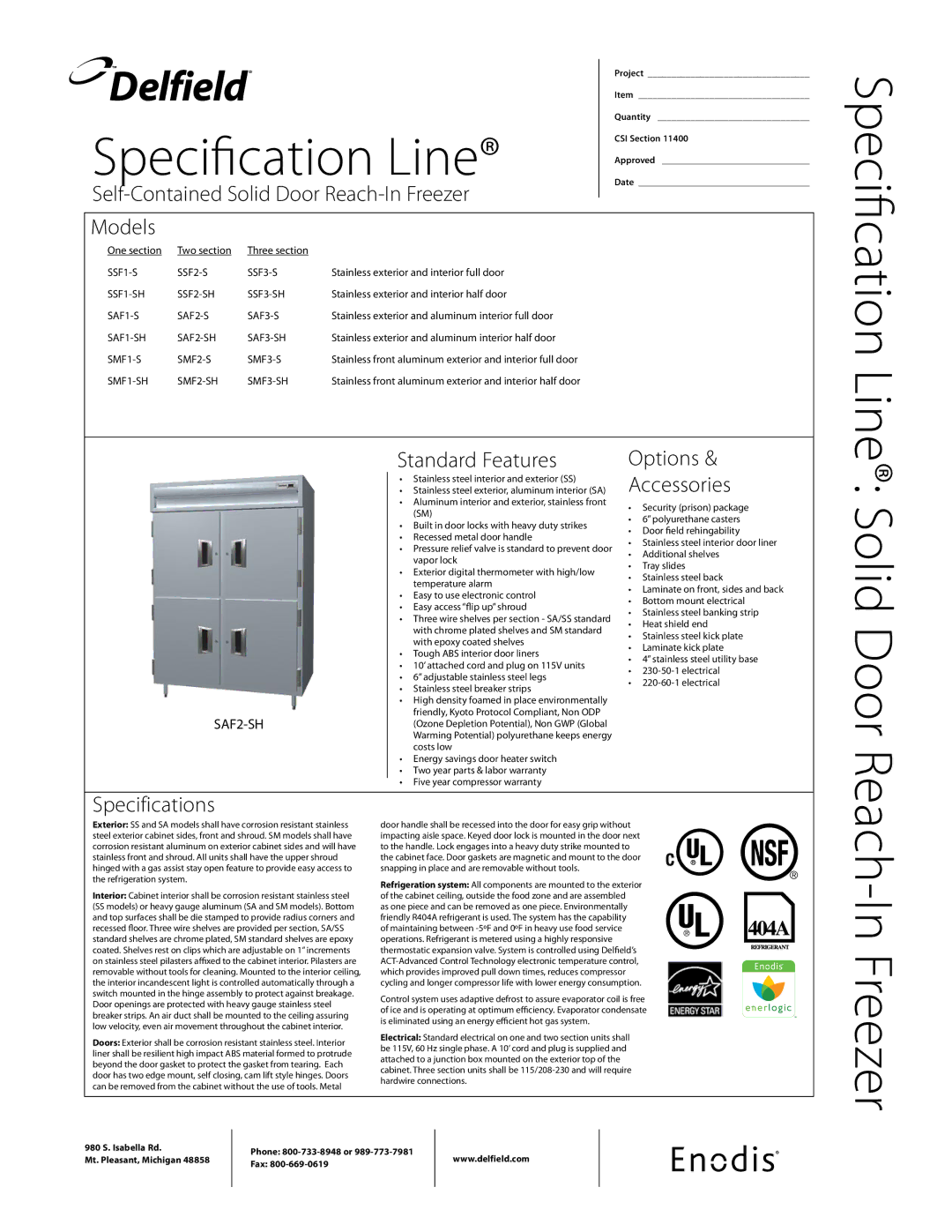 Delfield SSF-S specifications Self-Contained Solid Door Reach-In Freezer, Models, Standard Features, Options Accessories 