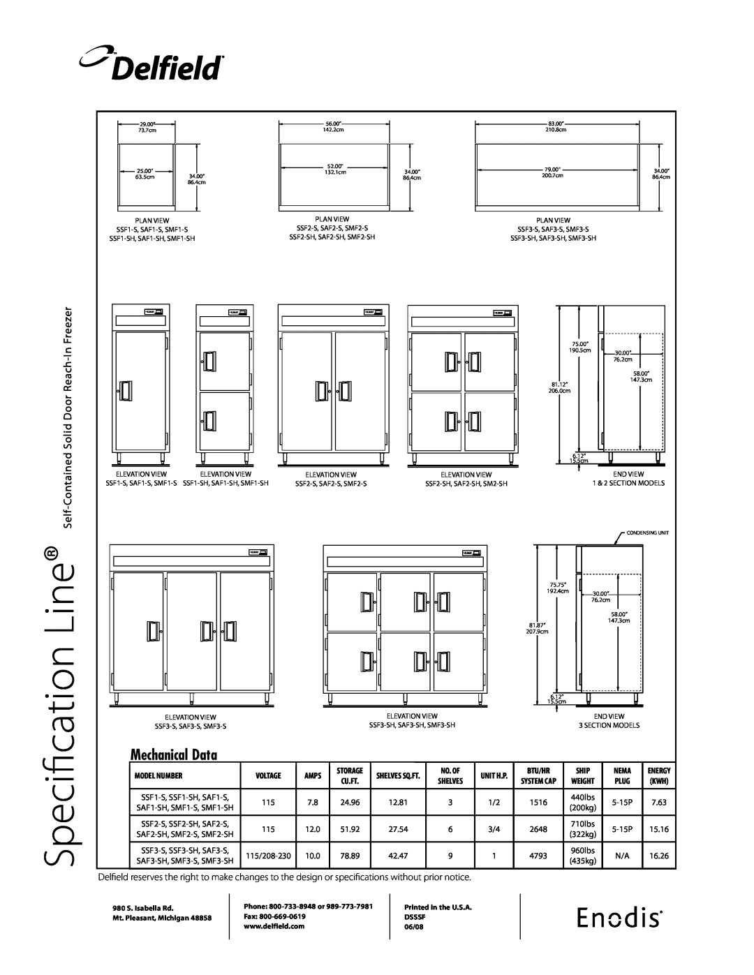 Delfield SSF-S Freezer, Solid Door, Self-Contained, Line, Specification, Delfield, Mechanical Data, Reach, Model Number 