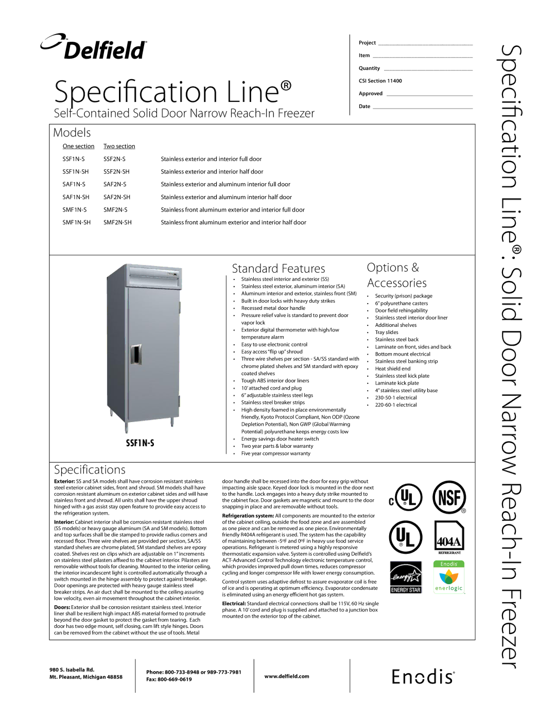 Delfield SSFN-S specifications Specification Line, Self-Contained Solid Door Narrow Reach-In Freezer Models 