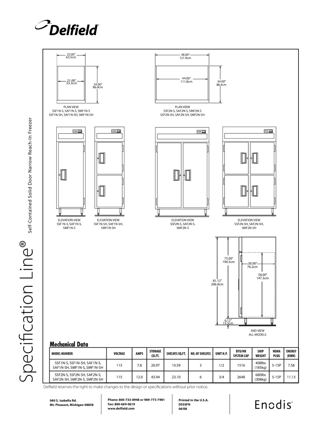 Delfield SSFN-S specifications Line, Specification, Delfield, Mechanical Data 