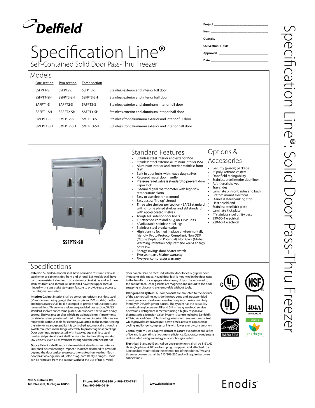 Delfield SSFPT-S specifications Self-Contained Solid Door Pass-Thru Freezer, Models, Standard Features Options 