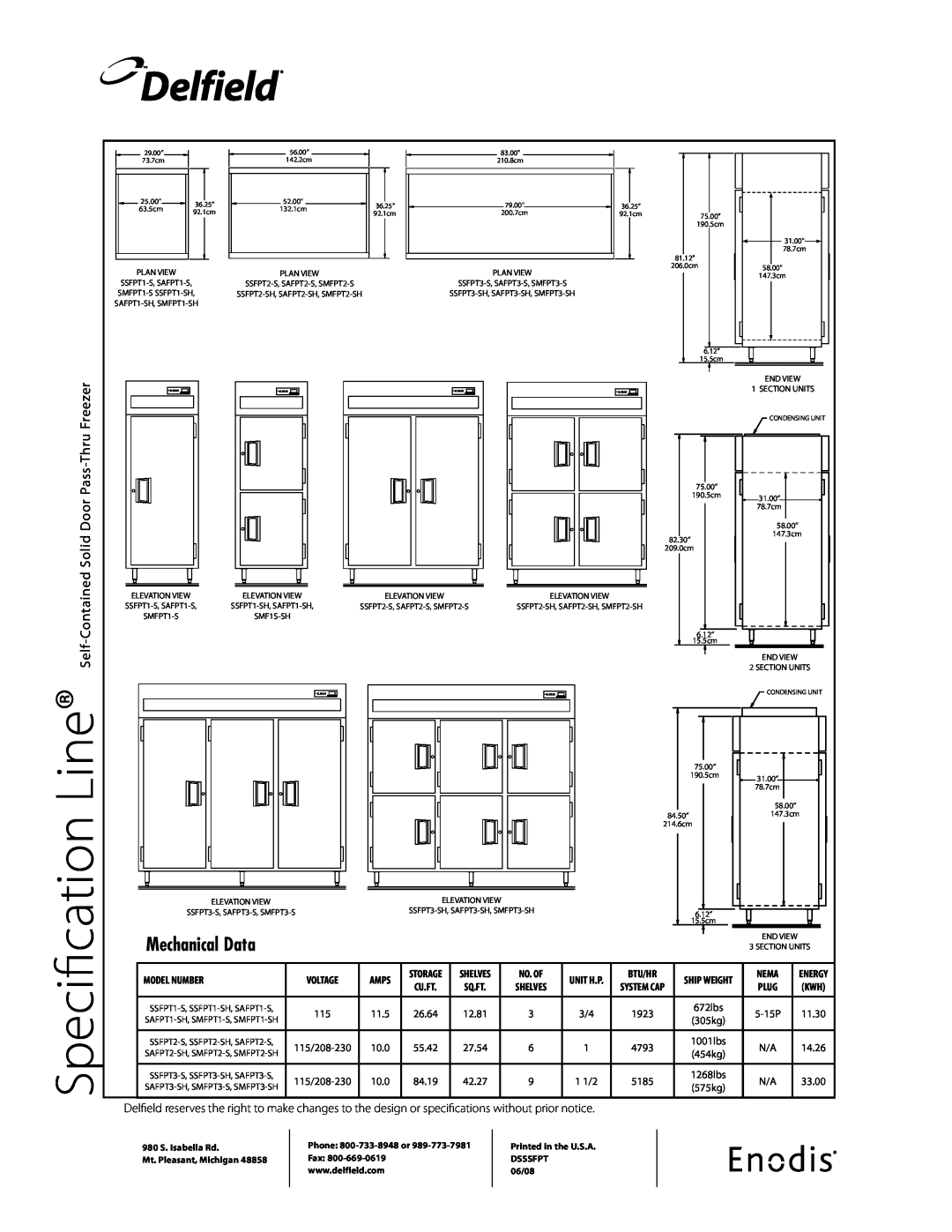 Delfield SSFPT-S Delfield, Specification, Mechanical Data, prior notice, without, Model Number, Amps, Voltage, Unit H.P 
