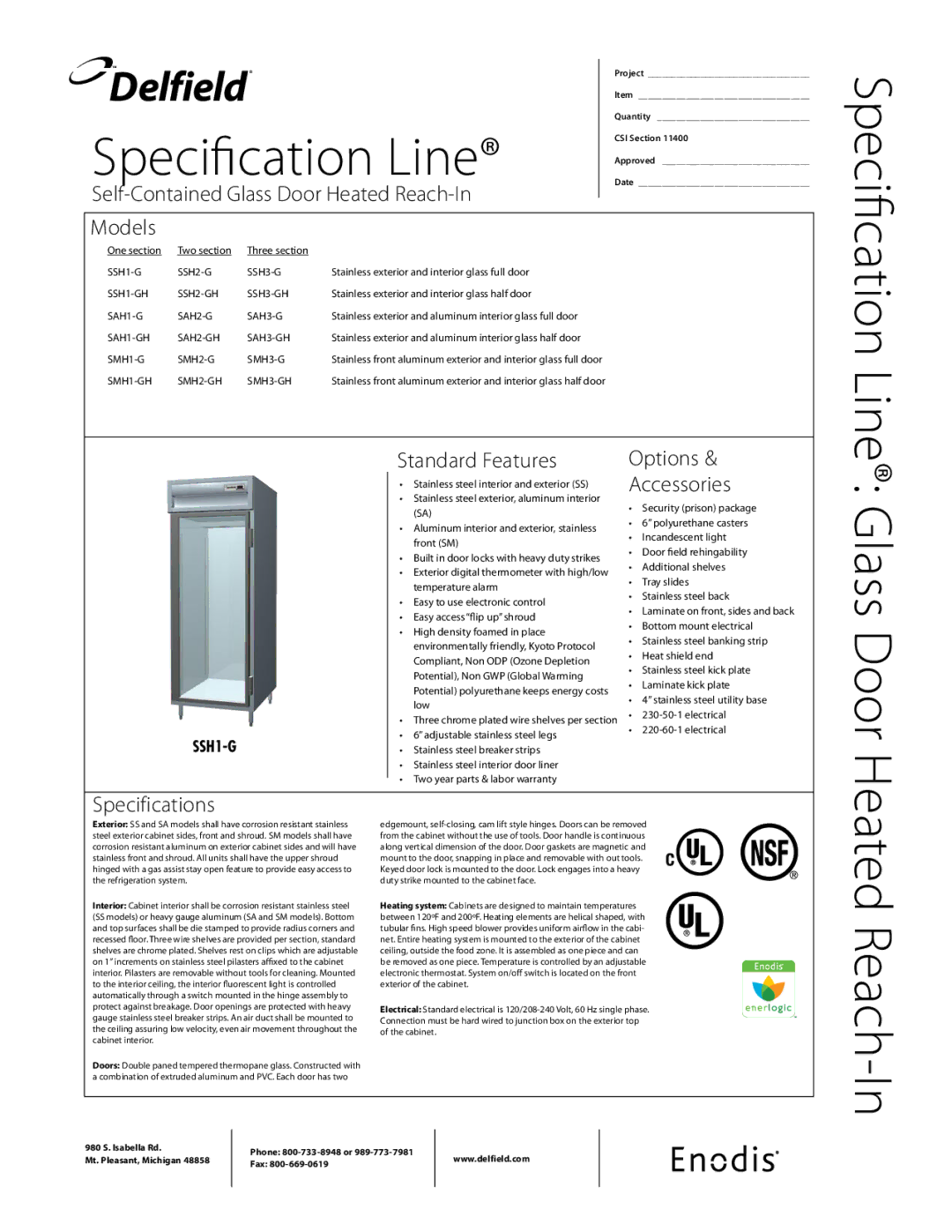 Delfield SSH-G specifications Self-Contained Glass Door Heated Reach-In Models, Standard Features Options, Accessories 