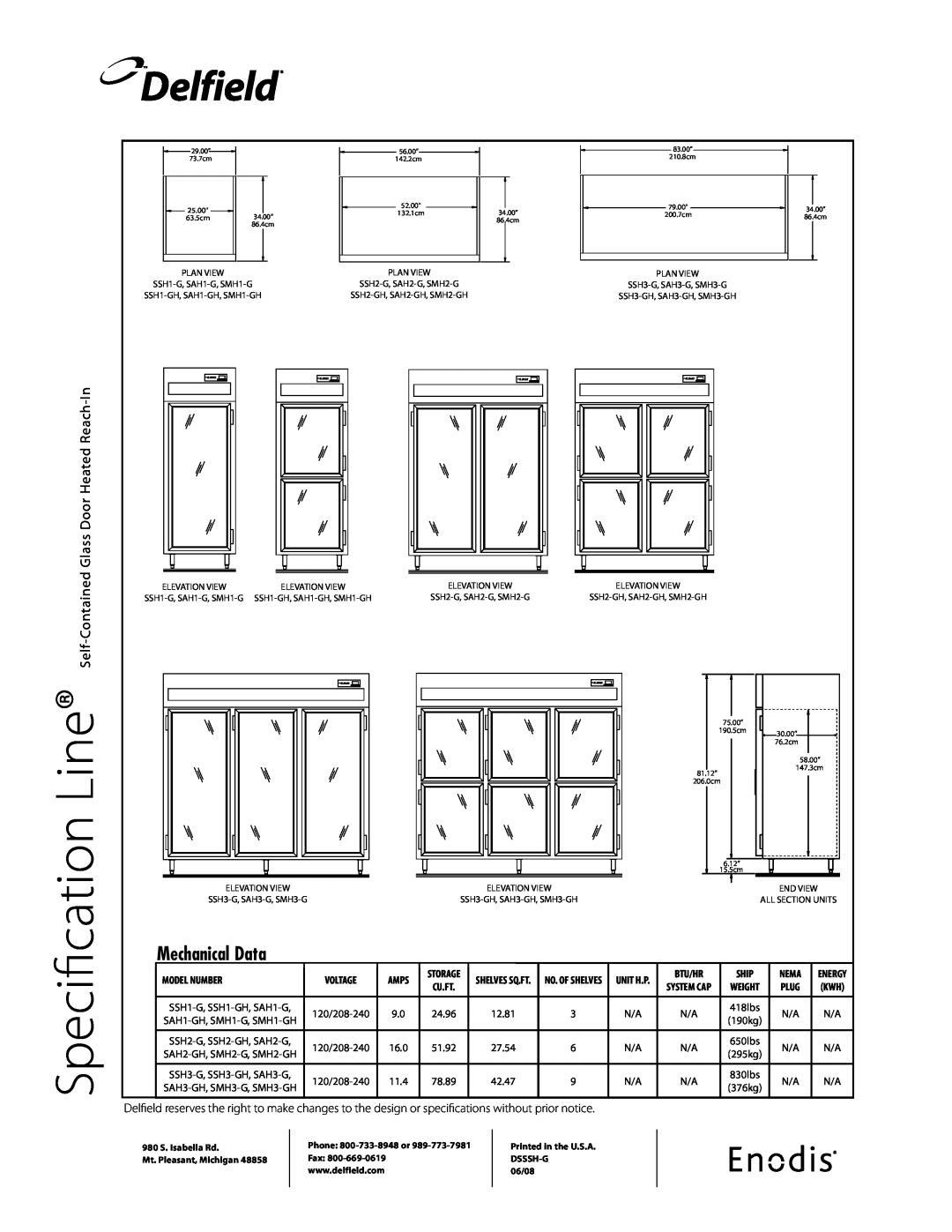 Delfield SSH-G Line, Specification, Delfield, Mechanical Data, Glass Door Heated Reach-In, Self-Contained, Amps, Ship 