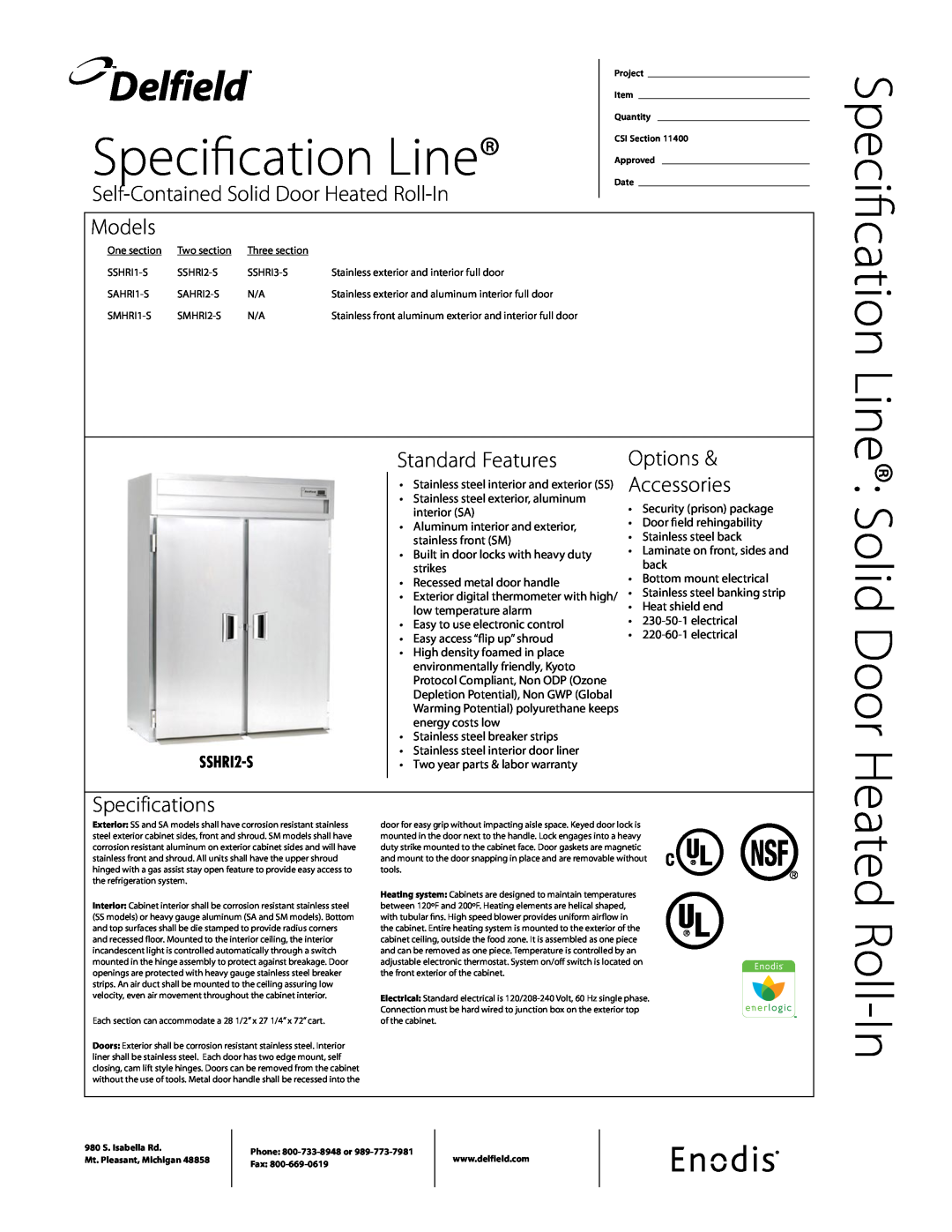 Delfield SSHRI-S specifications Delfield, Heated Roll-In, Specification Line Solid Door, Models, Standard Features 