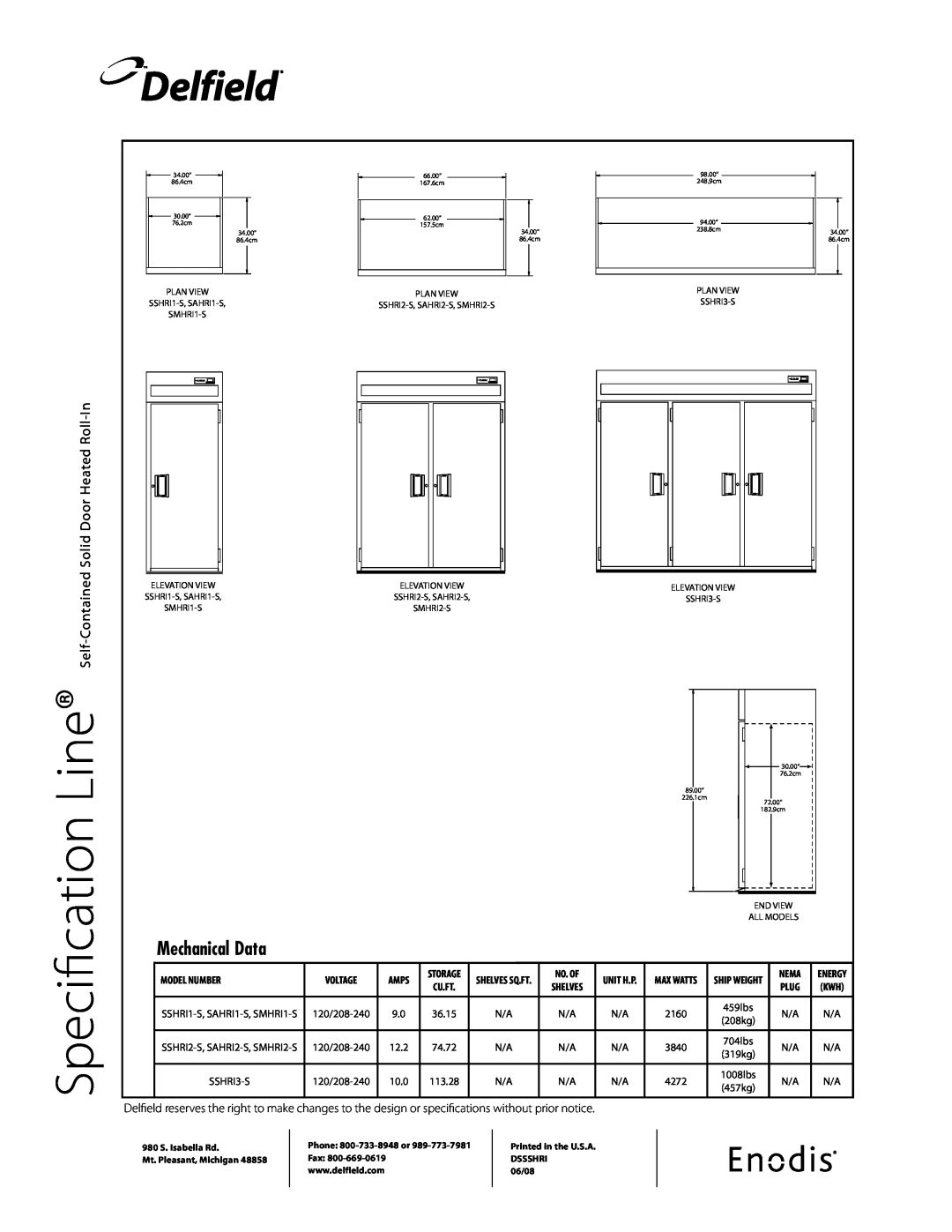 Delfield SSHRI-S Specification, Delfield, Mechanical Data, Line Self-Contained Solid Door Heated Roll-In, Model Number 