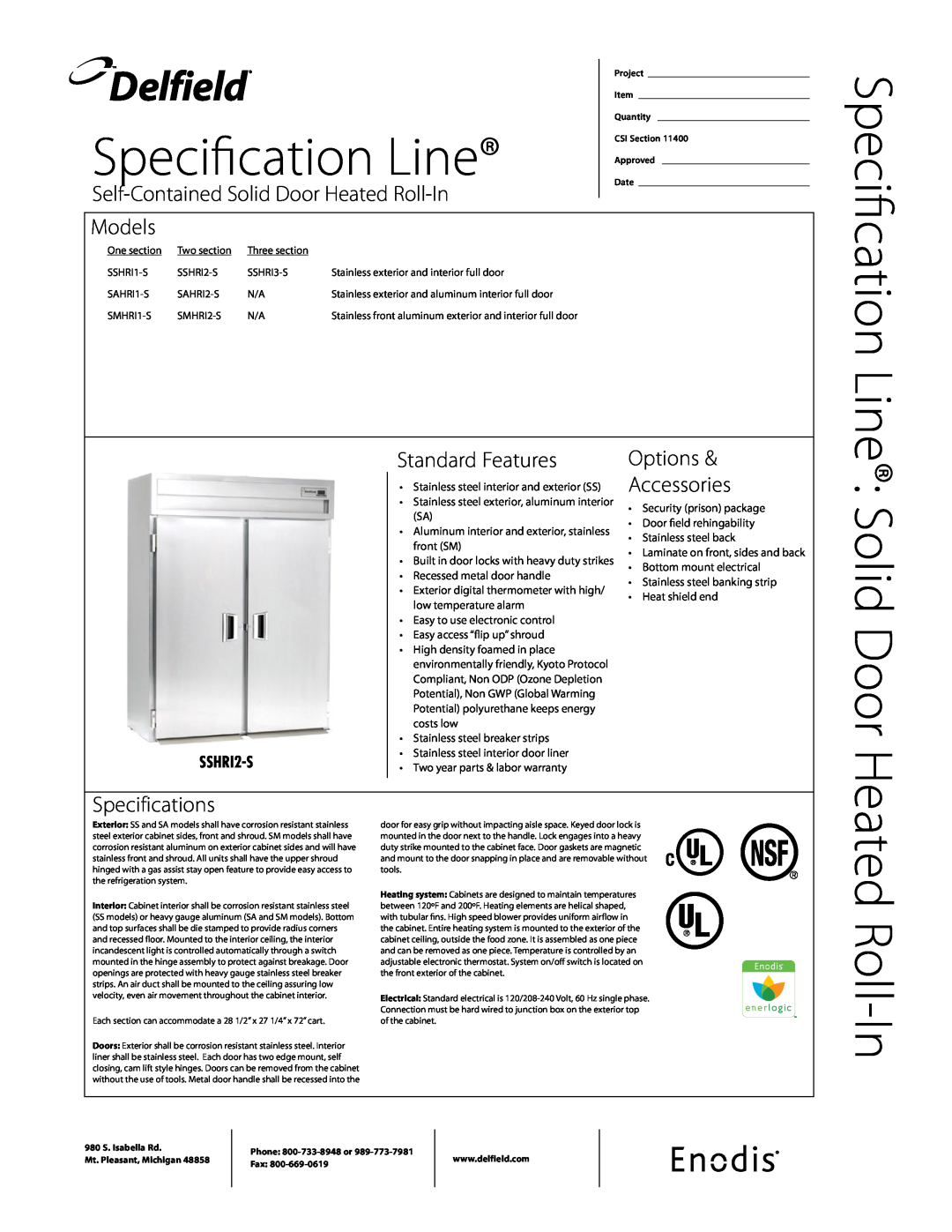 Delfield SMHRI1-S specifications Delfield, Specification Line, Self-ContainedSolid Door Heated Roll-In, Models, SSHRI2-S 