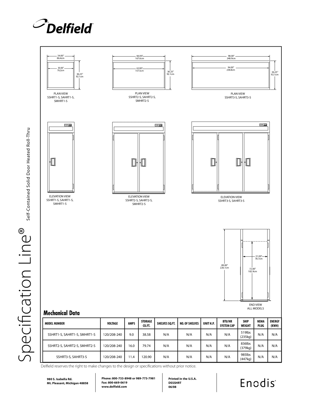 Delfield SSHRT-S specifications Specification Line, Prior notice 