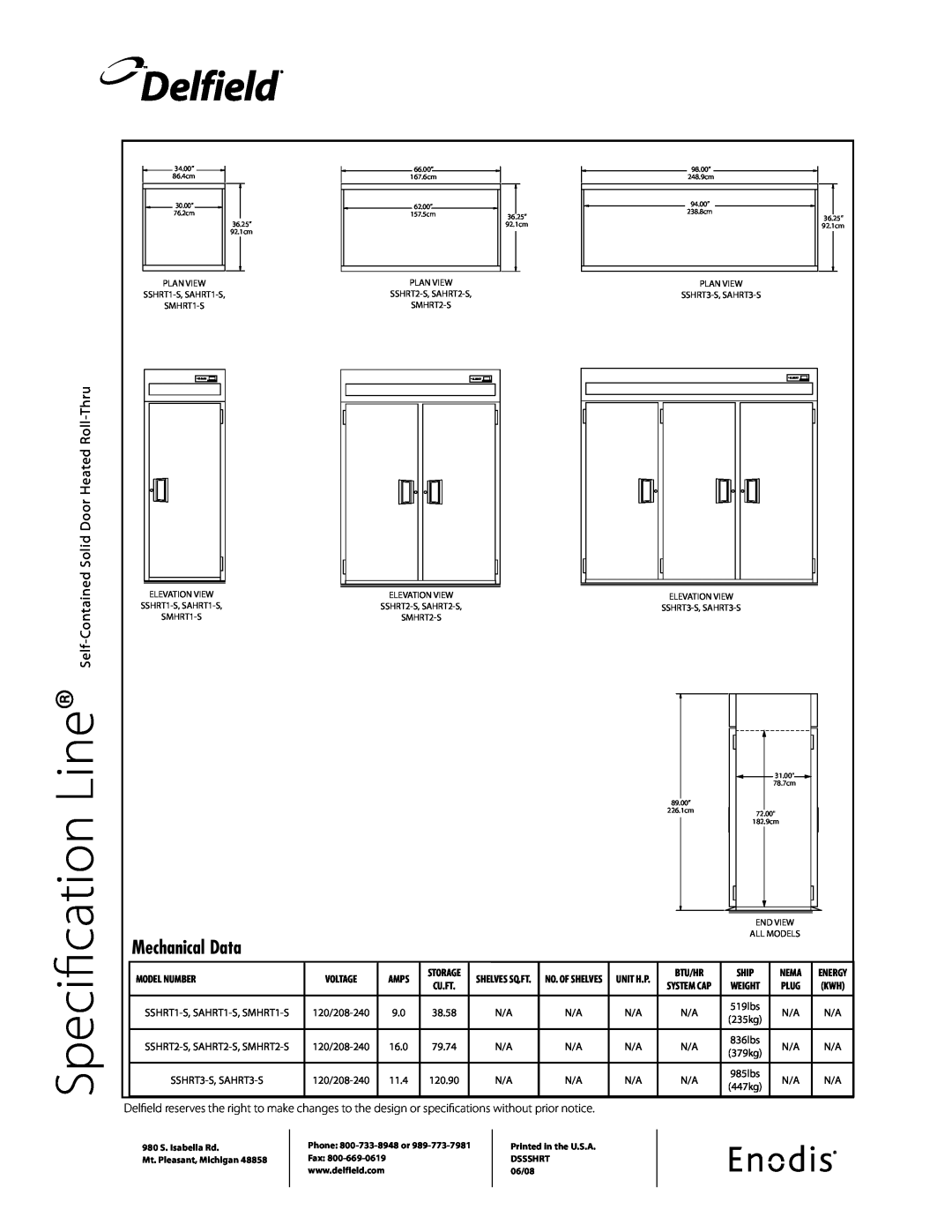 Delfield SSHRT-S prior notice, Delfield, Specification Line, Mechanical Data, Self-Contained Solid Door Heated Roll-Thru 