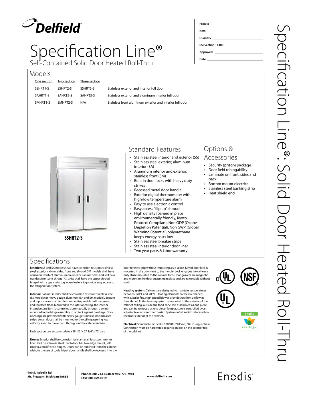 Delfield SSHRT3-S specifications Self-Contained Solid Door Heated Roll-Thru, Models, Standard Features, Specifications 