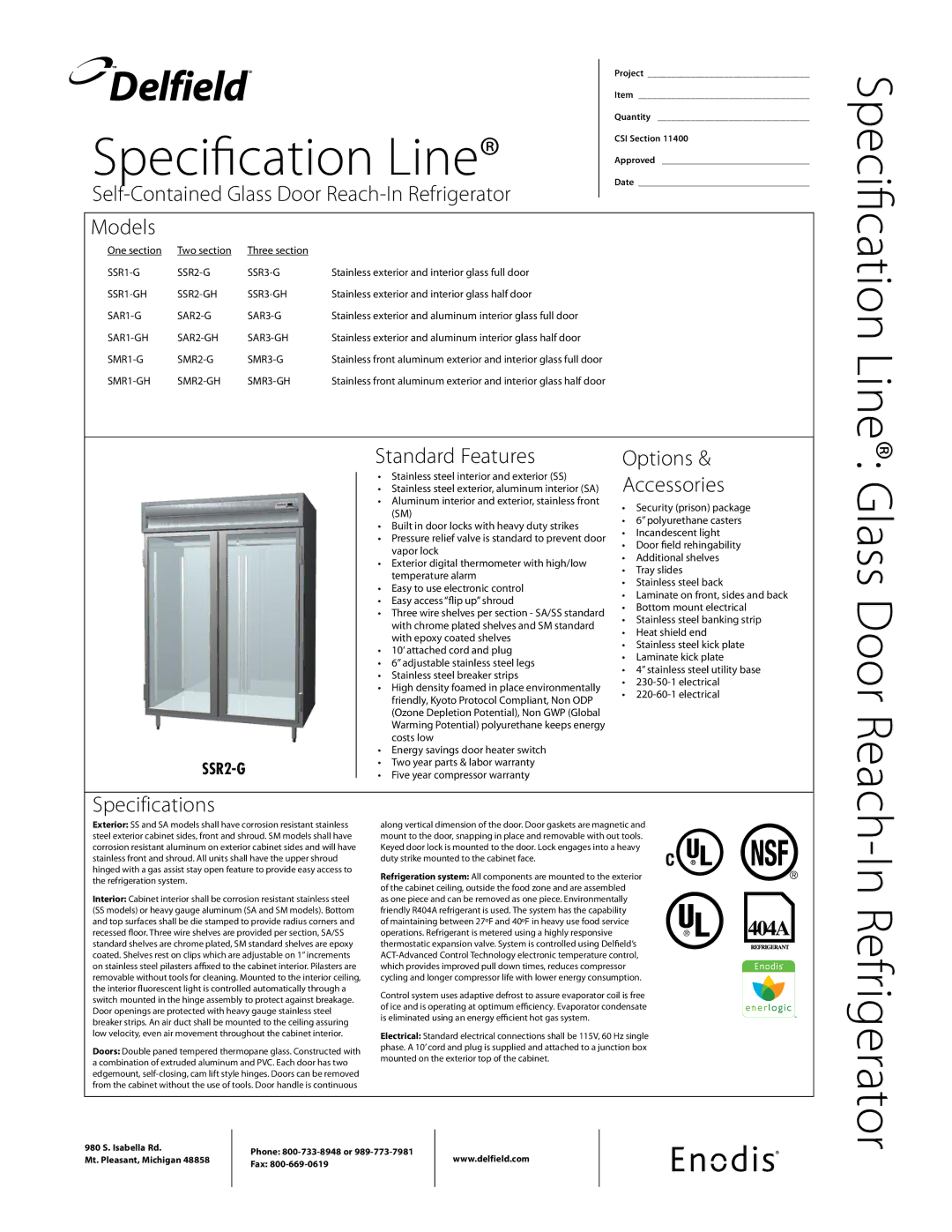 Delfield SMR-G specifications Self-Contained Glass Door Reach-In Refrigerator Models, Standard Features, Specifications 