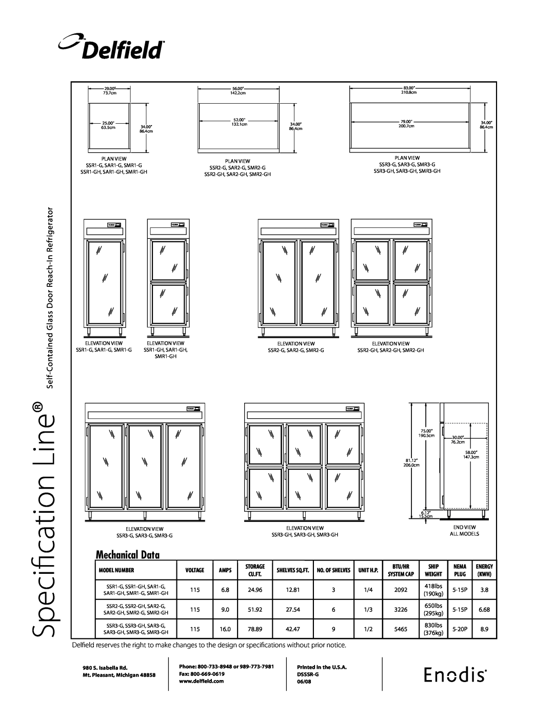 Delfield SAR Line, Specification, Delfield, Mechanical Data, Glass Door Reach-InRefrigerator, Self-Contained, Model Number 