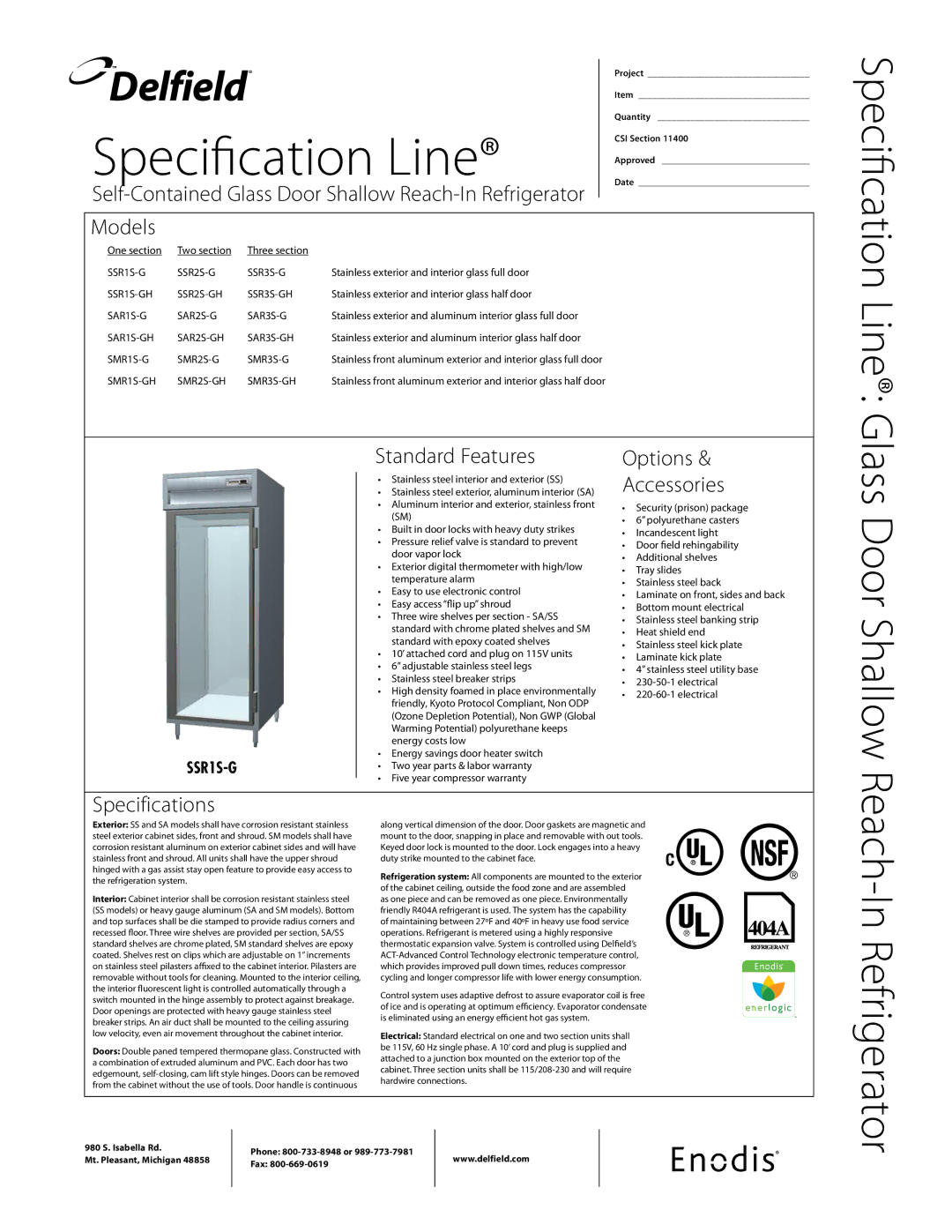 Delfield SSR1S-G specifications Standard Features, Options Accessories, Specifications 