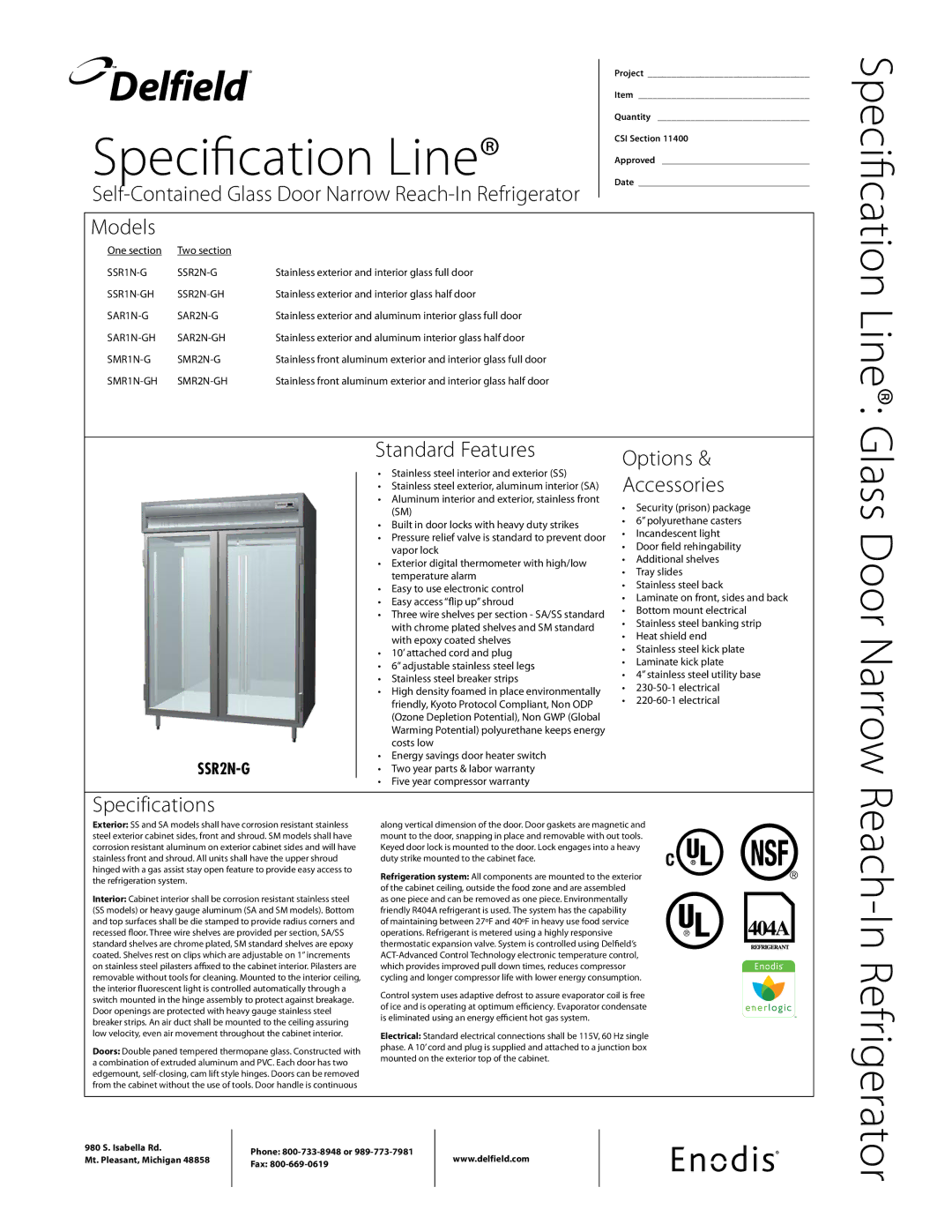 Delfield SSR2N-G specifications Models, Standard Features, Options Accessories, Specifications 