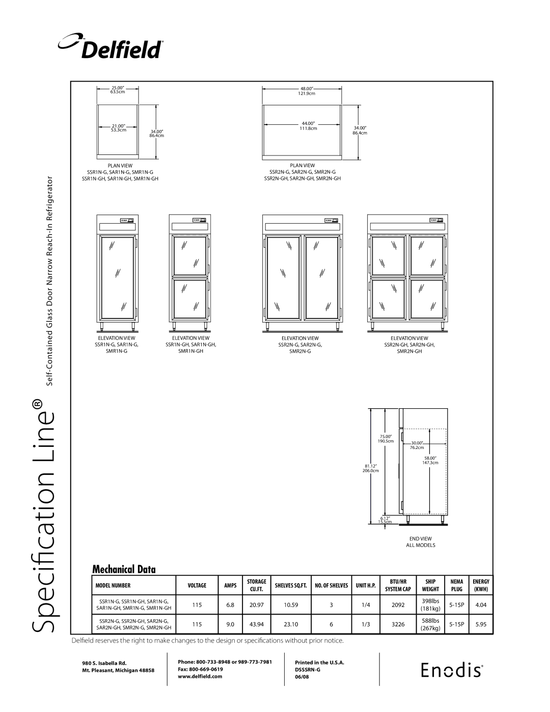 Delfield SSR2N-G specifications Refrigerator, Self-Contained Glass Door Narrow Reach-In 