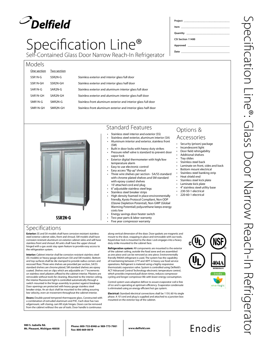 Delfield SSR1N-GH, SSR2N-GH, SMR2N-GH specifications Models, Standard Features, Options Accessories, Specifications 