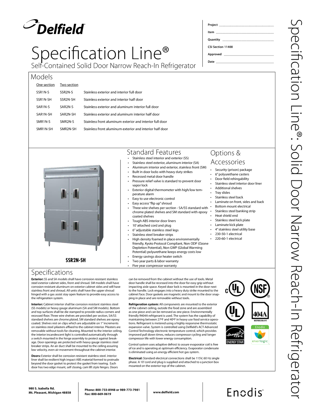 Delfield SSR1N-SH, SSR2N-SH, SMR2N-SH specifications Models, Standard Features Options, Accessories, Specifications 