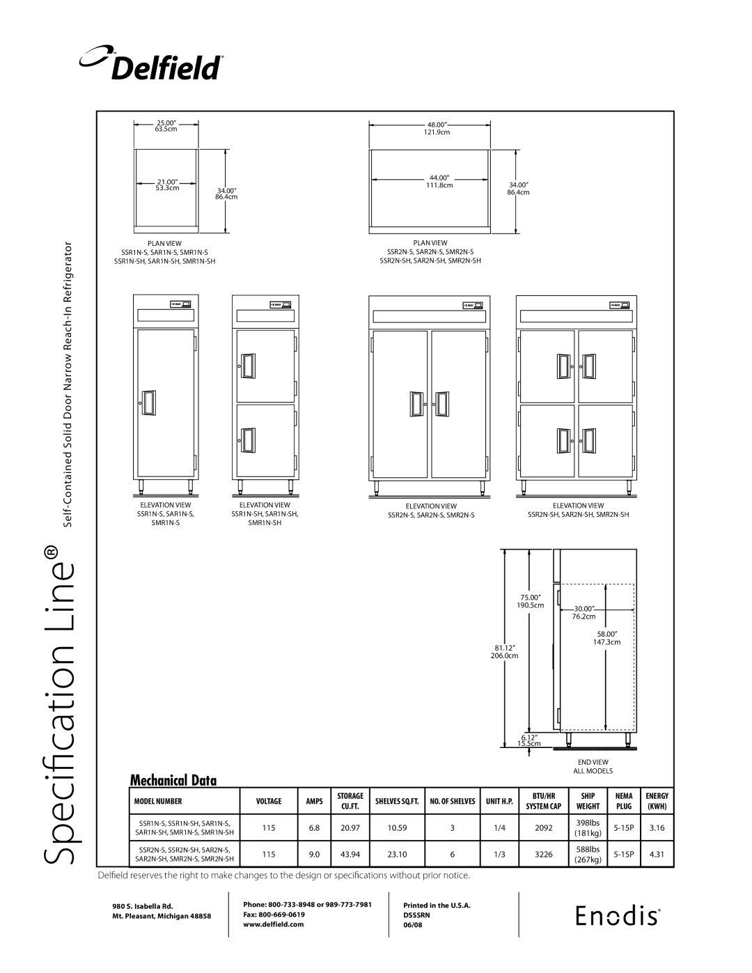 Delfield SSR2N-SH, SSR1N-SH, SMR2N-SH, SMR1N-SH, SAR2N-SH, SAR1N-S specifications Line 