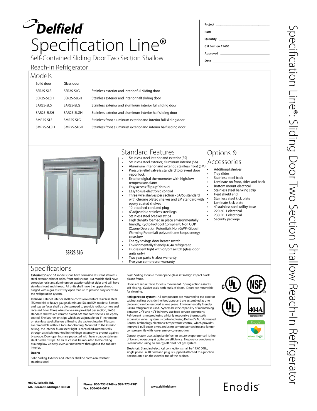 Delfield SSR2S-SLSH, SSR2S-SLGH, SMR2S-SLG specifications Models, Standard Features Options, Accessories, Specifications 