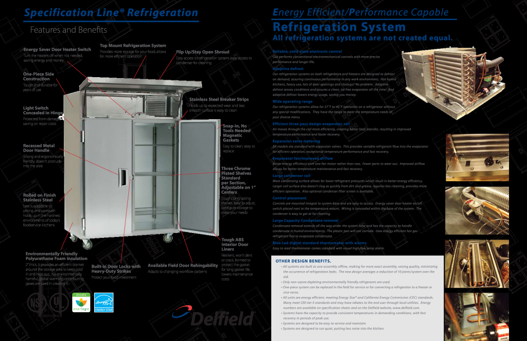 Delfield SSF3-S manual Refrigeration System, Specification Line Refrigeration, Energy Efficient/Performance Capable, equal 