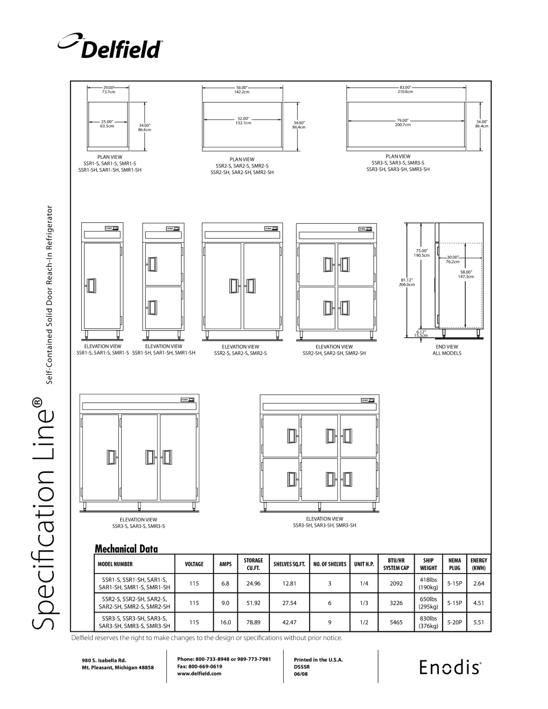 Delfield SSR2-SH, SSR3-SH, SSR1-SH, SMR3-SH, SMR2-SH, SMR1-SH, SAR3-SH, SAR2-SH, SAR1-SH Line Specification 