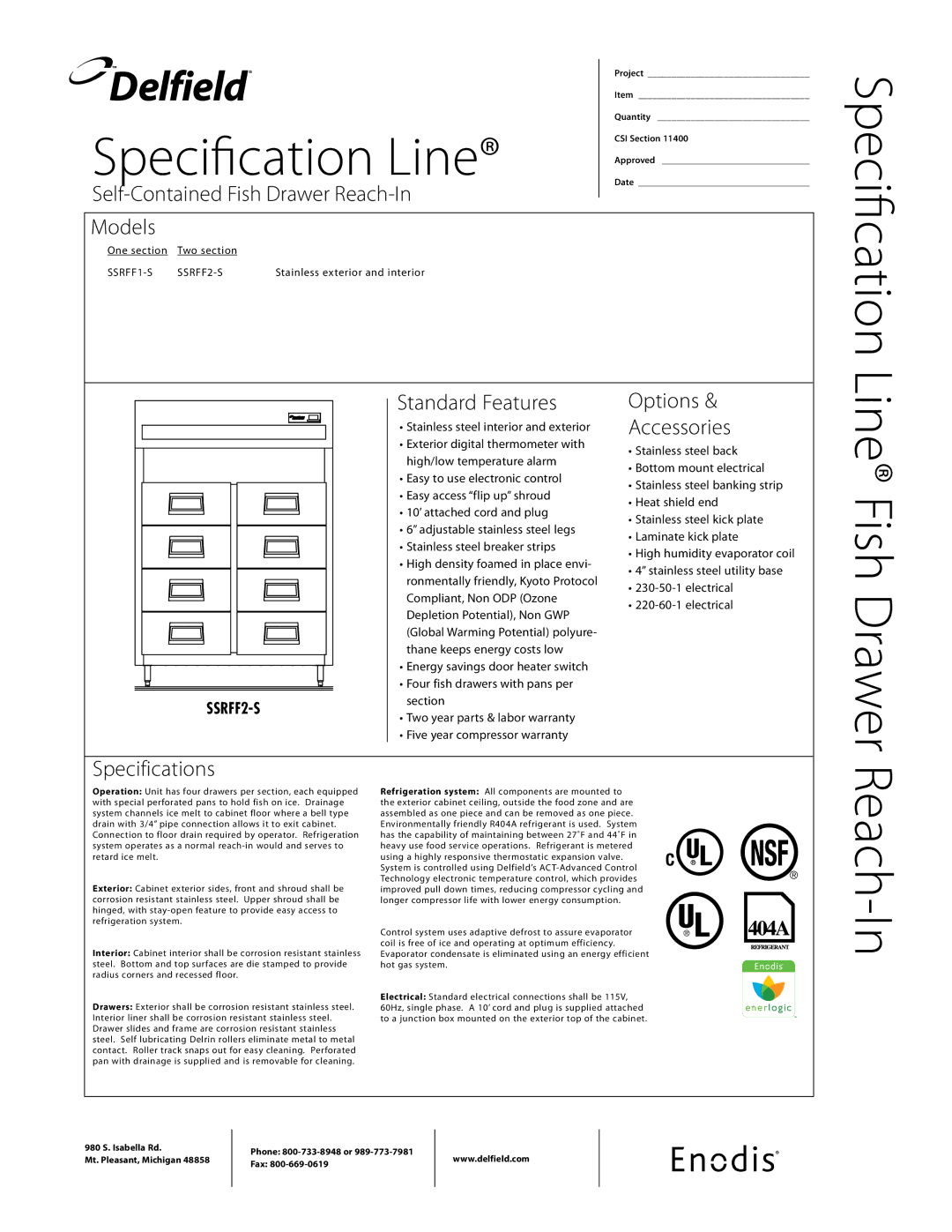 Delfield SSRFF2-S specifications Specification Line, Self-Contained Fish Drawer Reach-In Models, Standard Features 