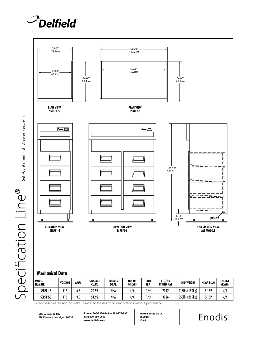 Delfield SSRFF1-S specifications Delfield, Mechanical Data, SSRFF2-S 